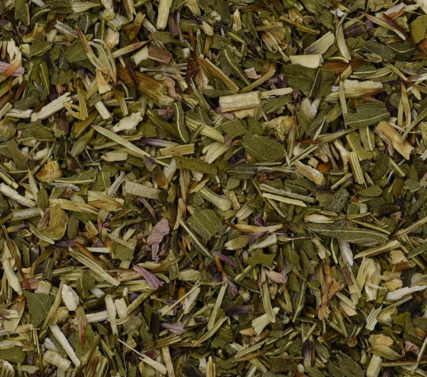 Close-up of dried echinacea leaf, showing small green leaf and stem pieces used for teas and herbal remedies.