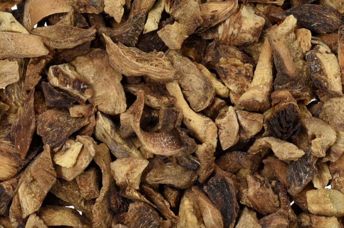 Close-up of dried elecampane root, showing brown root pieces used for teas and herbal remedies.