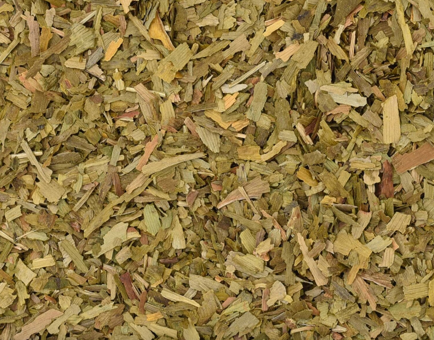 Close-up of dried ginkgo leaf, showing green leaf piecees used for teas and herbal remedies.