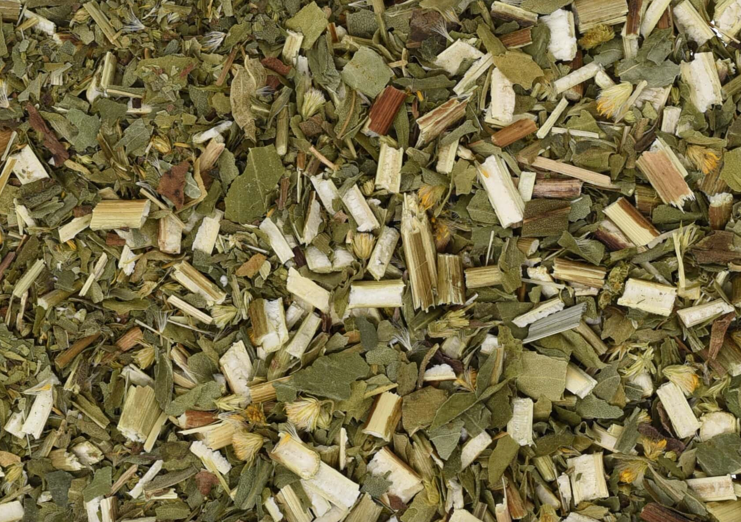 Close-up of dried goldenrod herb, showing chopped stems, leaves, and pieces used for teas and herbal remedies.