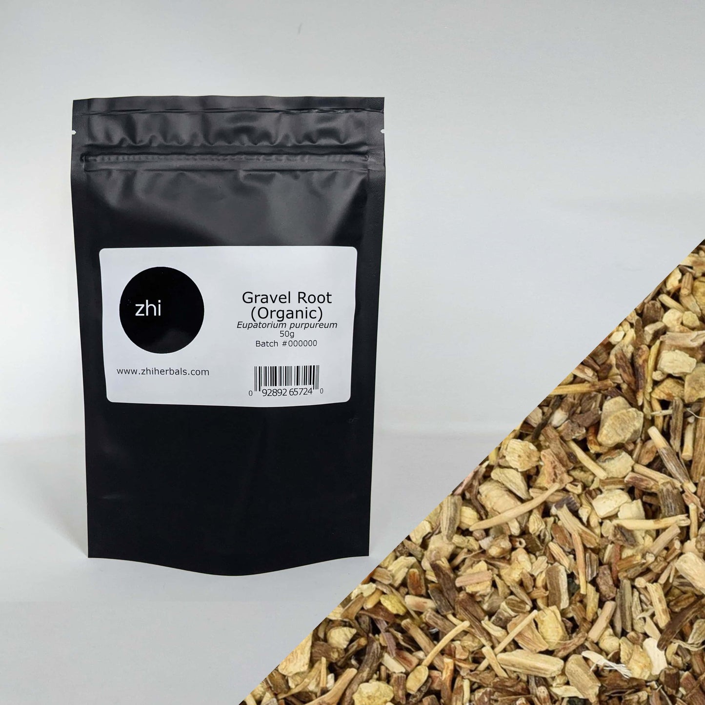 Zhi Herbals Organic Gravel Root, 50g black package with label, next to a close-up of the brown cut root.