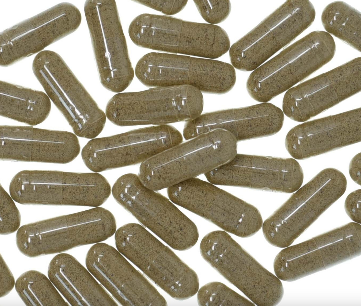 Hawthorn berry capsules with clear glossy shells, filled with brown powder, used for natural health and wellness.