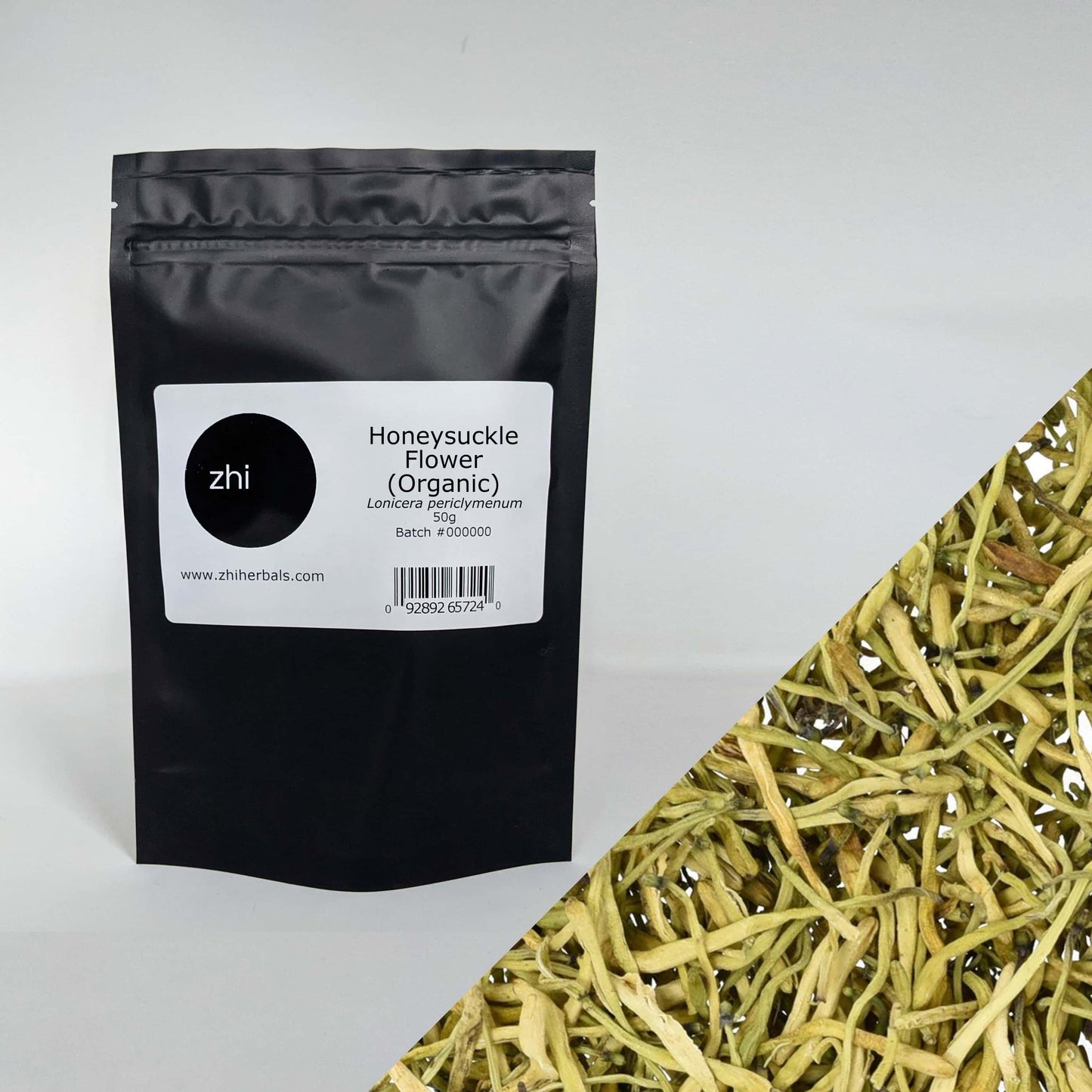 Zhi Herbals Organic Honeysuckle Flower, 50g black package with label, next to a close-up of the green flower texture.