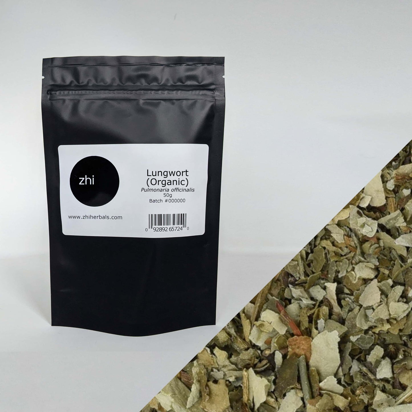 Zhi Herbals Organic Lungwort, 50g black package with label, next to a close-up of the green leaf texture.