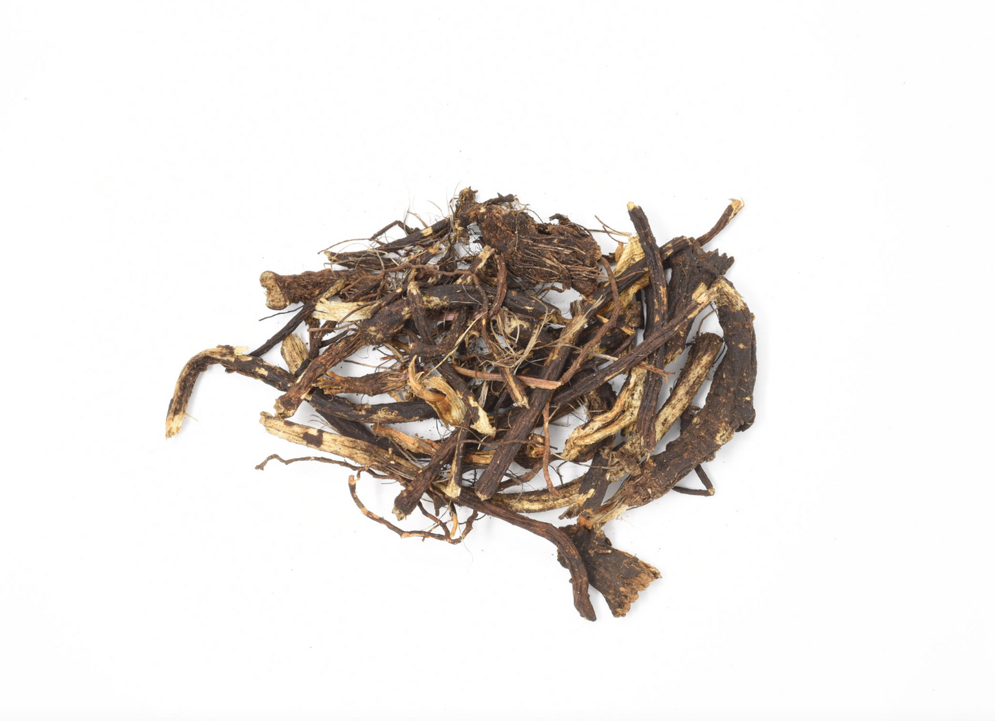 Close-up of dried osha root, showing large dark brown chopped root pieces used for teas and herbal remedies.