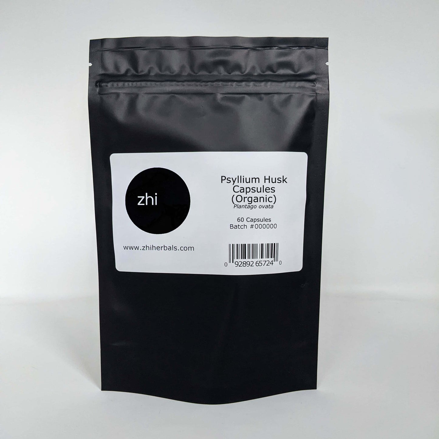 Zhi Herbals Psyllium Husk Capsules (Organic) in a black resealable bag with product label and barcode.