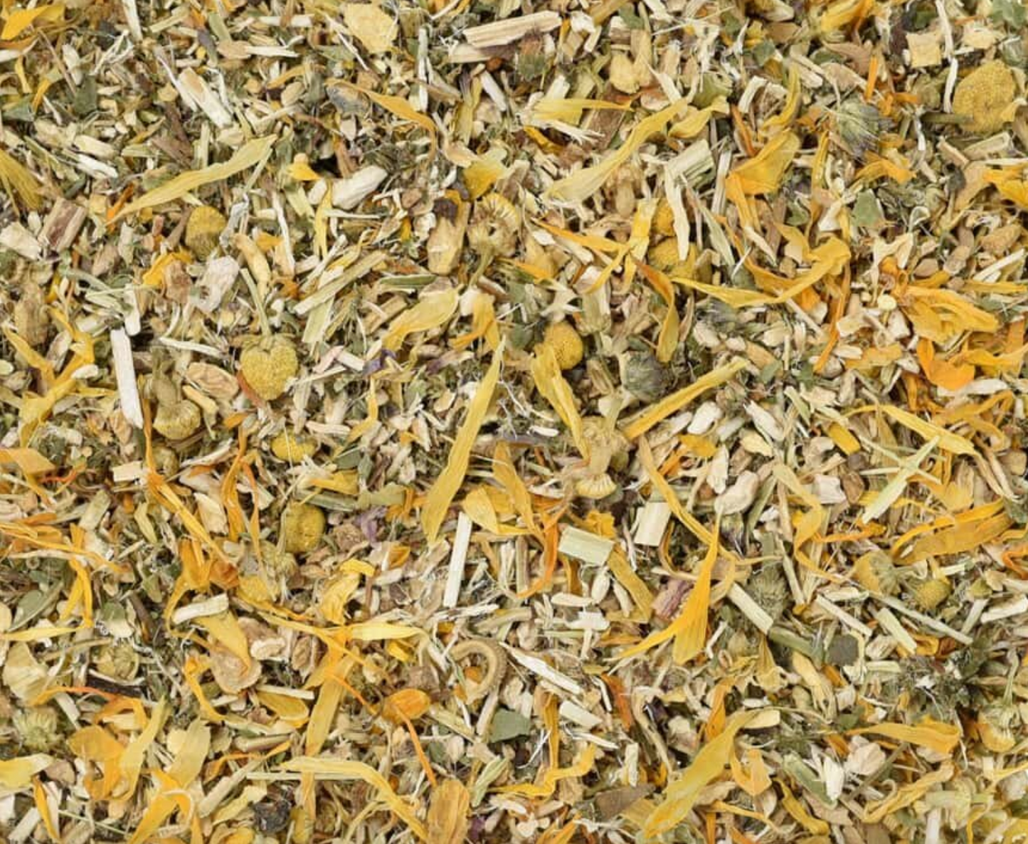 Close-up of dried Stomach Healing Tea, showing chopped stems, flowers, and pieces used for teas and herbal remedies.