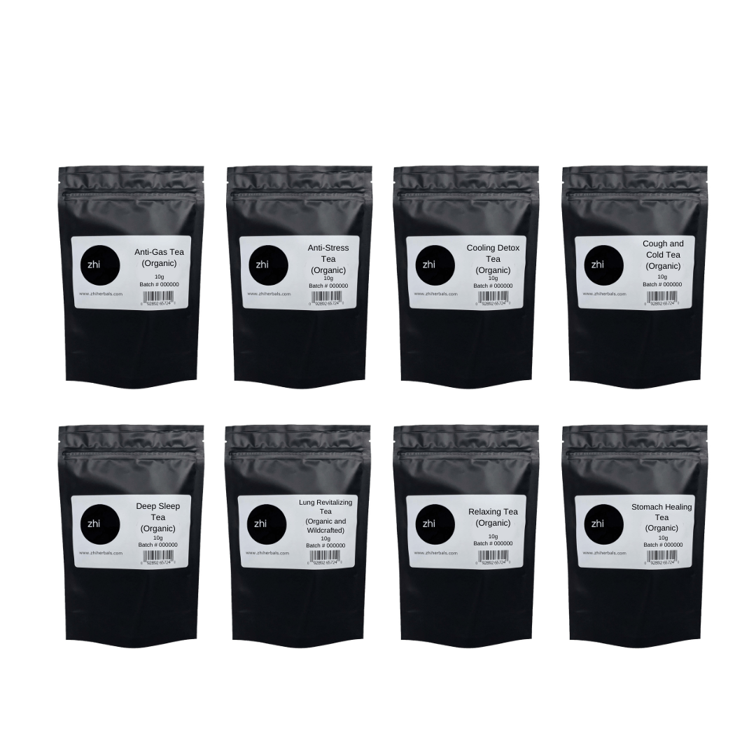 Eight Zhi Herbals Teas in 10g black resealable bags with product labels and barcodes.