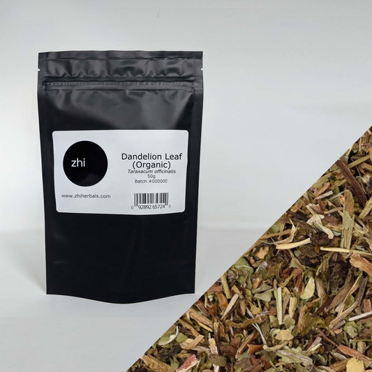 Zhi Herbals Organic Dandelion Leaf, 50g black package with label, next to a close-up of the green leaf.
