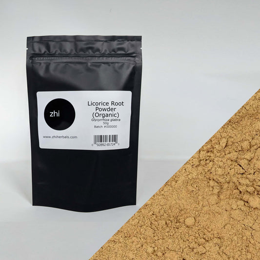 Zhi Herbals Organic Licorice Root Powder, 50g black package with label, next to a close-up of the brown powder texture.