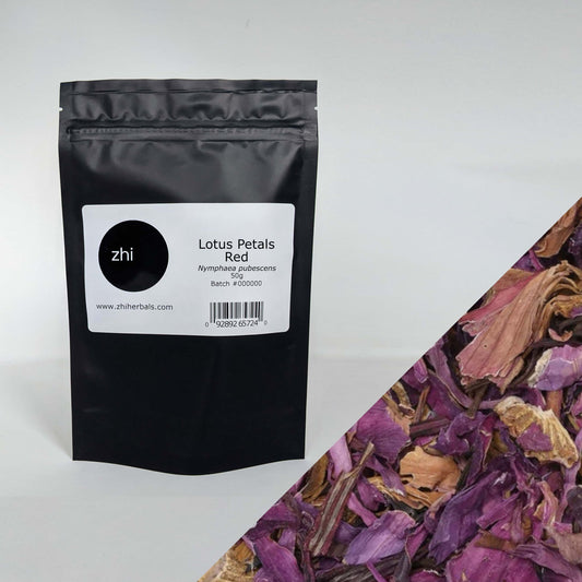 Zhi Herbals Lotus Petals Red, 50g black package with label, next to a close-up of the red petals.